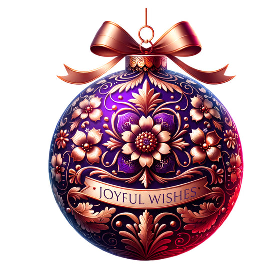 purple, copper, rose gold, christmas ornament, floral patterns, decorative swirls, ornate design, metallic ribbon, bow accent, fabric panel, holiday themed, baroque style, intricate details, festive motif, quilting cotton, seasonal craft, elegant ornament, decorative flourishes, christmas crafting, rich colors