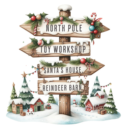 christmas signpost, fabric panel, winter village, snow covered, evergreen trees, reindeer barn, toy workshop, santa's house, north pole, red barn, wooden signs, holiday scene, festive decorations, candy canes, holly berries, pine garland, watercolor style, quilting cotton, christmas crafting, winter landscape