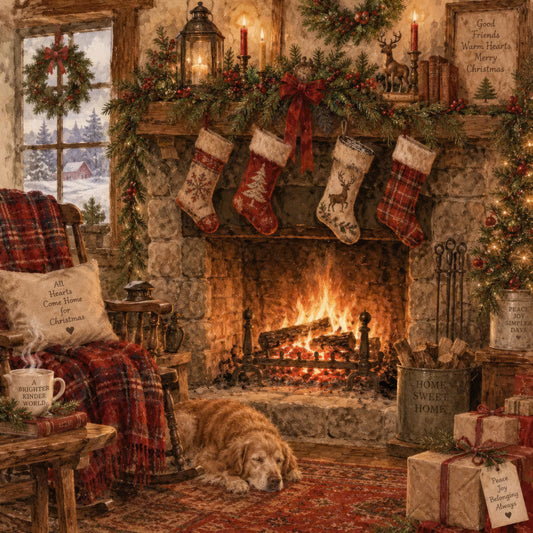 christmas, holiday, fireplace, stockings, rustic, farmhouse, cozy, warm, cream, red, burgundy, gold, brown, plaid, reindeer, animals, dogs, vintage, traditional, nostalgic, home decor, hearth, pine garland, candles, winter, festive, country, cabin, cottage core, gift giving