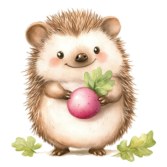 cute hedgehog, woodland animals, forest creatures, baby animals, whimsical, children's, radish, vegetables, garden theme, spring, nature, cream white, soft brown, tan, pink radish, green leaves, playful, gentle, storybook, nursery, illustration style, animal characters, food and animals, sweet, charming, kid-friendly, pastoral