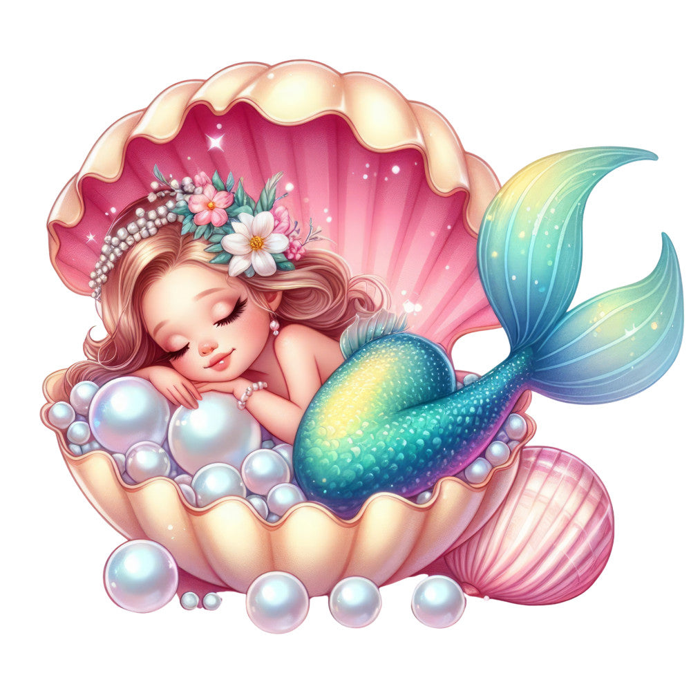 mermaid, sleeping beauty, seashell, pearls, pink shell, turquoise tail, blonde hair, floral crown, ocean fantasy, pastel colors, iridescent scales, underwater scene, magical sparkles, fabric panel, quilting cotton, dreamy illustration, sea creature, mythical character, soft pink, aqua blue