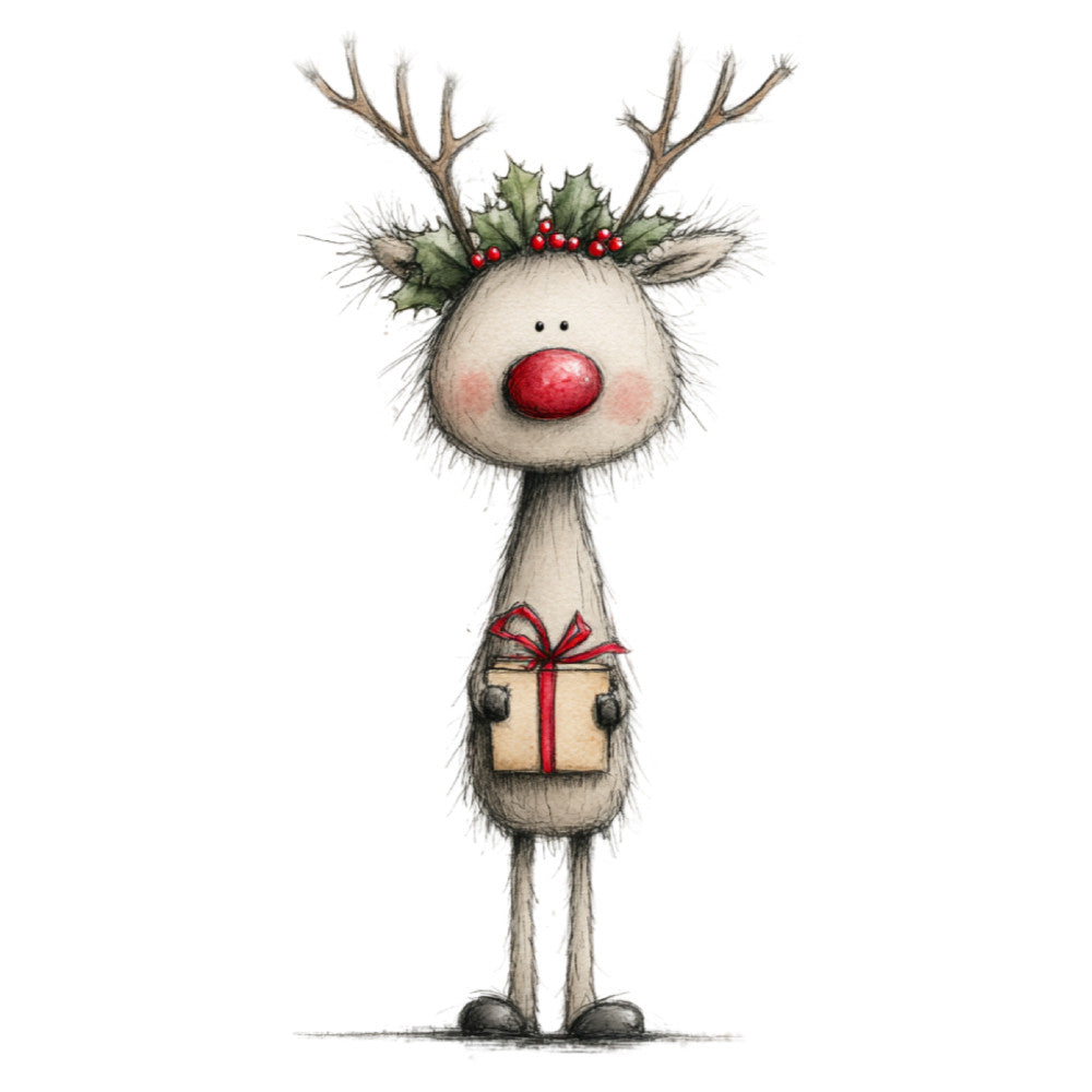 christmas, holiday, reindeer, rudolph, whimsical, cute, festive, red nose, antlers, holly, berries, gift, present, red ribbon, cream, ivory, sage green, red, rustic, charming, quirky, folk art, seasonal, winter, december, children's, playful, decorative, wall hanging, panel