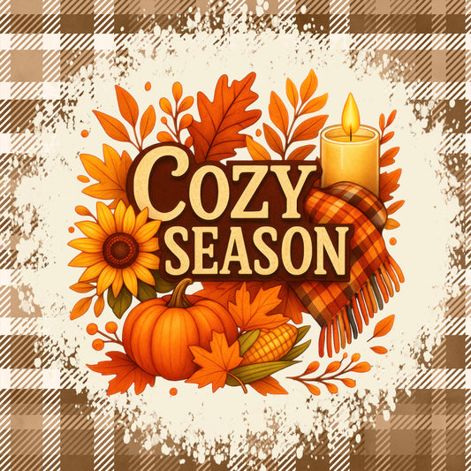 cozy season, autumn, fall, orange, burnt orange, golden yellow, cream, brown, plaid, sunflower, pumpkin, corn, maple leaves, fall foliage, candle, blanket, rustic, farmhouse, harvest, thanksgiving, nature, seasonal, warm tones, checkered border, distressed background, traditional, cozy vibes, home decor
