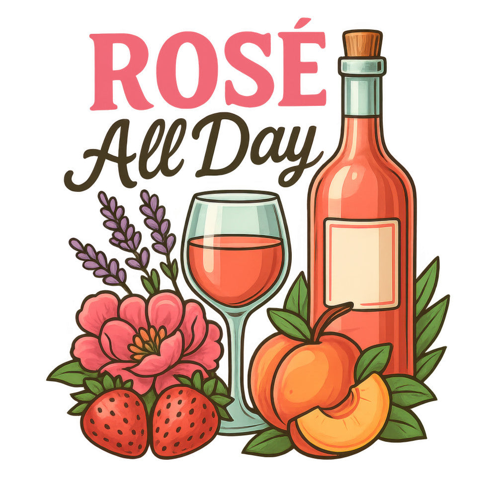 rosé wine, coral pink, peach, mint green, strawberries, lavender sprigs, wine bottle, wine glass, floral design, fruit motifs, summer themed, fabric panel, quilting cotton, beverage illustration, botanical elements, cartoon style, cheerful mood, wine lover, drink themed, decorative panel
