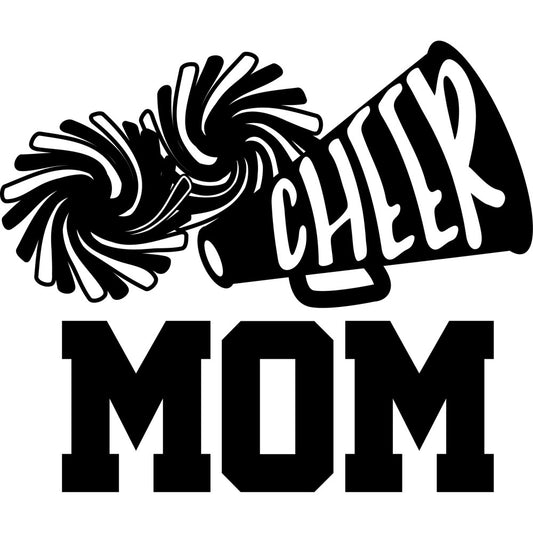 cheer mom, megaphone, sports, cheerleading, black and white, monochrome, text design, typography, mother's day, gift for mom, sports mom, cheerleader gift, modern, bold lettering, motivational, athletic theme, pom poms, spirited, energetic, casual style, fun, contemporary, women's interest, mom appreciation, school spirit, dynamic design, contrast, statement design