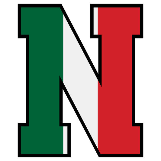 green, red, white, letter n, mexican flag colors, alphabet design, bold lettering, serif font, fabric panel, quilting cotton, patriotic theme, educational fabric, letter learning, children's fabric, craft material, sewing panel, block letter, tricolor design, nursery fabric, school theme