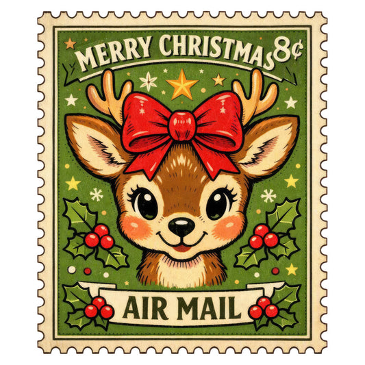 merry christmas, christmas stamp, reindeer, red bow, holly berries, green background, cream, gold stars, vintage christmas, retro holiday, whimsical, festive, jolly, cute animals, holiday mail, air mail, forest green, cream colored, holiday themed, christmas animals, vintage style, traditional christmas, deer with bow, holly leaves, red berries, cheerful, nostalgic, christmas panel, seasonal, winter holiday