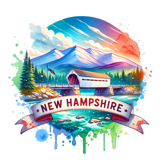 US States Retro Travel Fabric Panel 18 with colorful New Hampshire landscape featuring mountains, covered bridge, river, and pine trees.