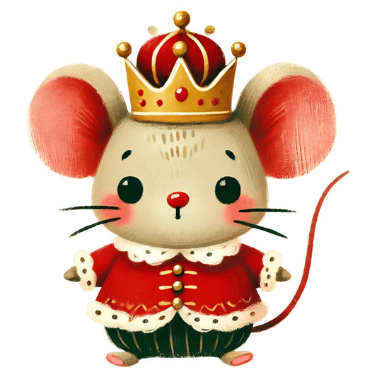 royal mouse, crown, red and gold, cream, coral pink, forest green, whimsical, cute animals, mice, royalty, princess, festive, holiday, christmas, vintage, storybook, children's illustration, elegant, decorative, gold accents, red velvet, pearl white, animal characters, fairy tale, nursery, baby, playful, ornate crown, detailed design