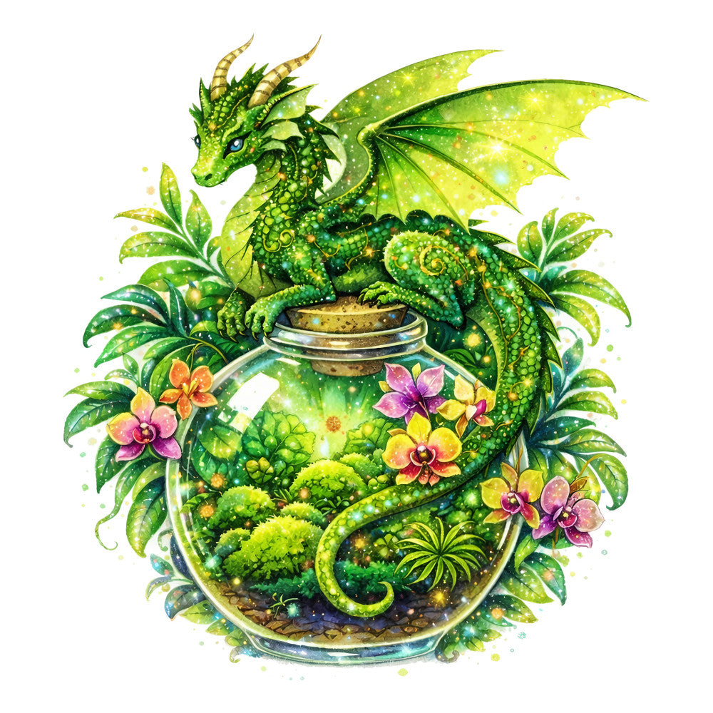 lime green, chartreuse, forest green, yellow-green, sage green, coral pink, magenta, golden yellow, nature, fantasy, dragon, magical, whimsical, enchanted, botanical, flowers, orchids, tropical plants, fairy tale, celestial, glowing, luminous, ethereal, elegant, nature-inspired, garden, moss, ferns, springtime, summer