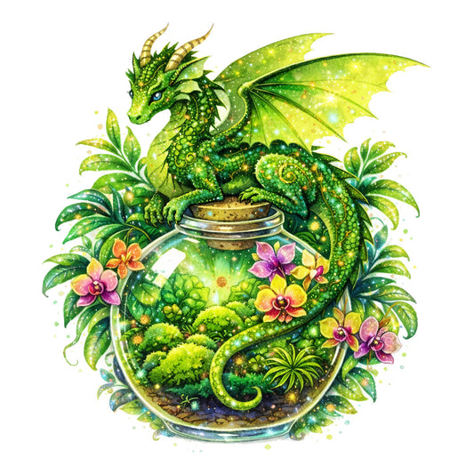 lime green, chartreuse, forest green, yellow-green, sage green, coral pink, magenta, golden yellow, nature, fantasy, dragon, magical, whimsical, enchanted, botanical, flowers, orchids, tropical plants, fairy tale, celestial, glowing, luminous, ethereal, elegant, nature-inspired, garden, moss, ferns, springtime, summer