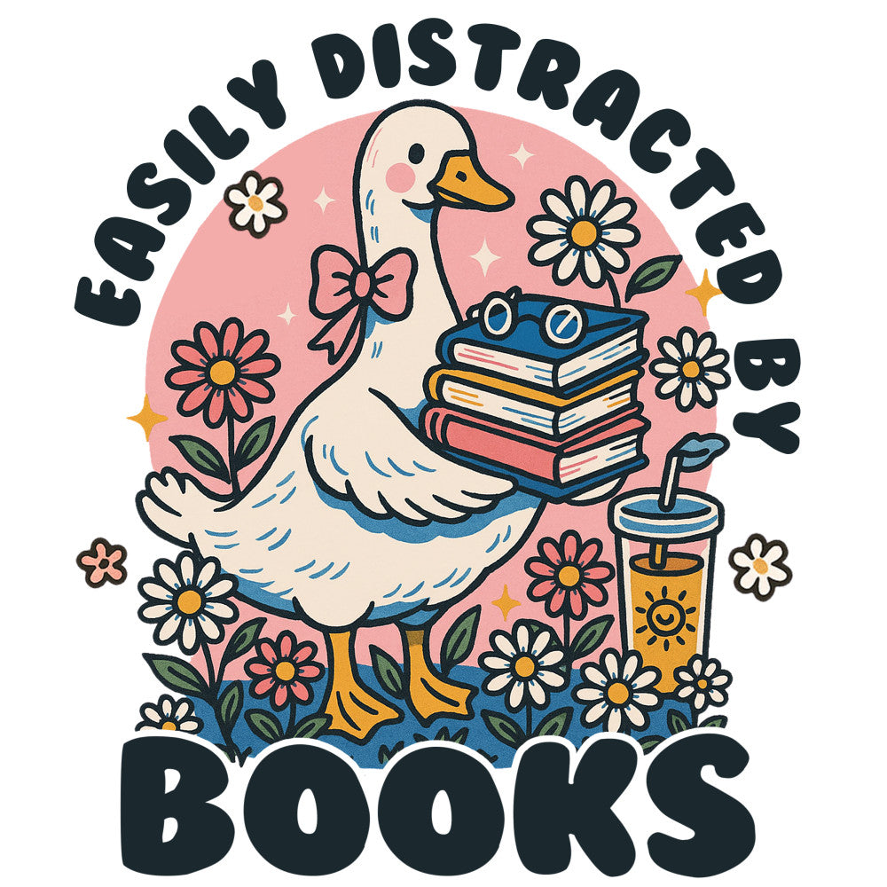 Book Lover Bookworm Fabric Panel 1 featuring a duck holding books surrounded by flowers with text Easily Distracted by Books.