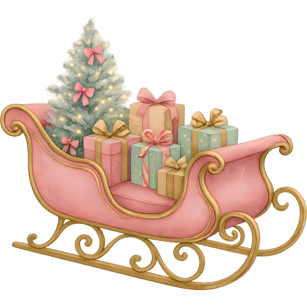 pink sleigh, christmas tree, wrapped gifts, gold ribbons, coral bows, sage green, warm lights, holiday scene, fabric panel, quilting cotton, festive illustration, winter theme, present boxes, ornate sleigh, christmas decoration, watercolor style, holiday crafting, seasonal fabric, gift wrapping bows