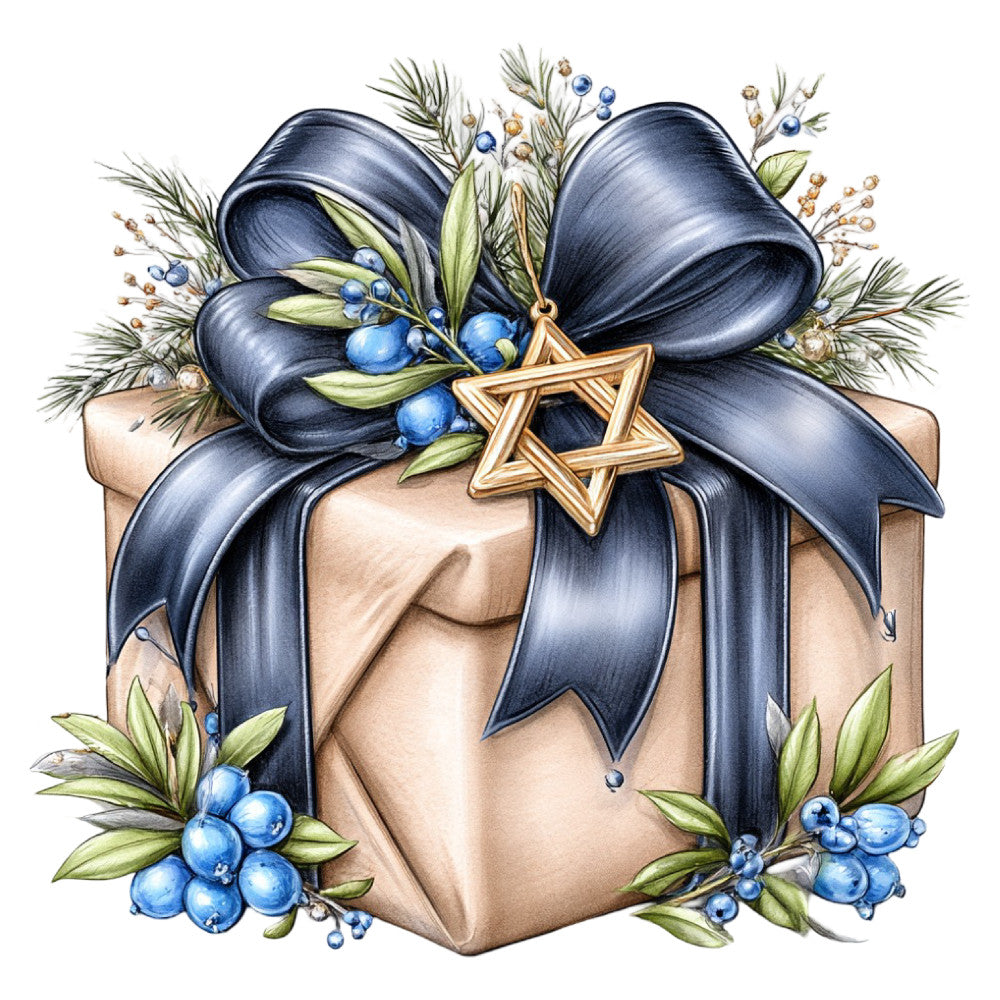 navy blue, gold, cream, tan, beige, blueberries, blue berries, floral, botanical, nature, holiday, christmas, winter, elegant, whimsical, rustic, traditional, festive, gift box, present, bow, star, evergreen, pine, berries, decorative, seasonal, elegant design, celestial star, blue and gold