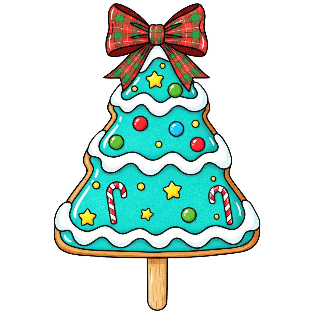 turquoise, red, green, yellow, white, cream, plaid bow, gingerbread cookie, christmas, holiday, festive, whimsical, candy cane, stars, ornaments, peppermint, decorative balls, sweet treats, seasonal, winter, christmas tree, popsicle stick, playful, fun, children's, cute, novelty, dessert themed, striped bow, red plaid