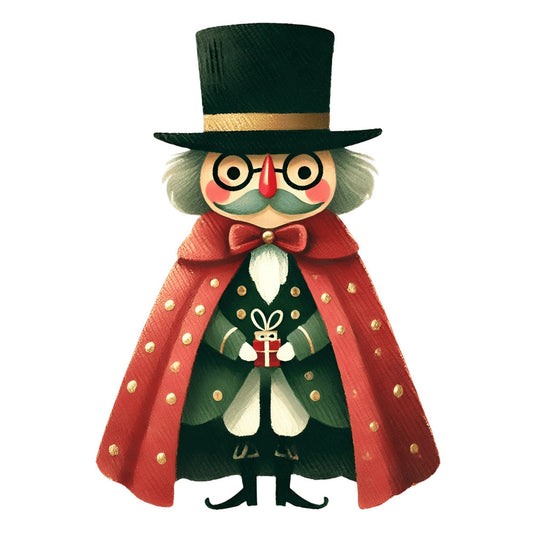 forest green, red, cream, gold, vintage, whimsical, christmas, holiday, nutcracker, character, owl, top hat, bow tie, cape, elegant, traditional, festive, seasonal, decorative, children's, illustration, magical, formal wear, storybook, jolly, nostalgic, winter, embellished, gold accents