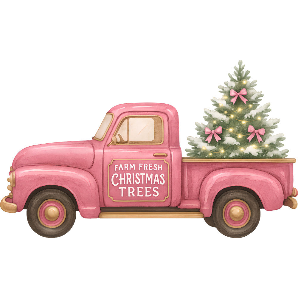pink truck, vintage pickup, christmas tree, farm fresh, holiday theme, winter scene, pink bows, string lights, fabric panel, quilting cotton, festive design, retro vehicle, seasonal motif, craft fabric, sewing project, holiday crafting, christmas decor, pink and green, watercolor style, whimsical illustration