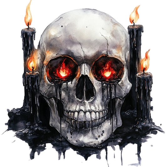 skull, gothic, dark, black, white, gray, bone, skeleton, flaming eyes, fire, candles, candlelight, red flame, orange flame, glowing, spooky, halloween, horror, dark gothic, witchy, mystical, edgy, alternative, dramatic, moody, metal aesthetic, death, goth, dark fantasy, creepy