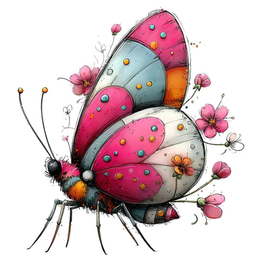 hot pink, magenta, turquoise blue, light blue, orange, cream white, colorful, ladybug, butterfly, insects, flowers, floral, whimsical, playful, children, kids, nature, spring, summer, garden, illustrated, artistic, quirky, fun, vibrant, bold, decorative, wall hanging, nursery, baby quilt