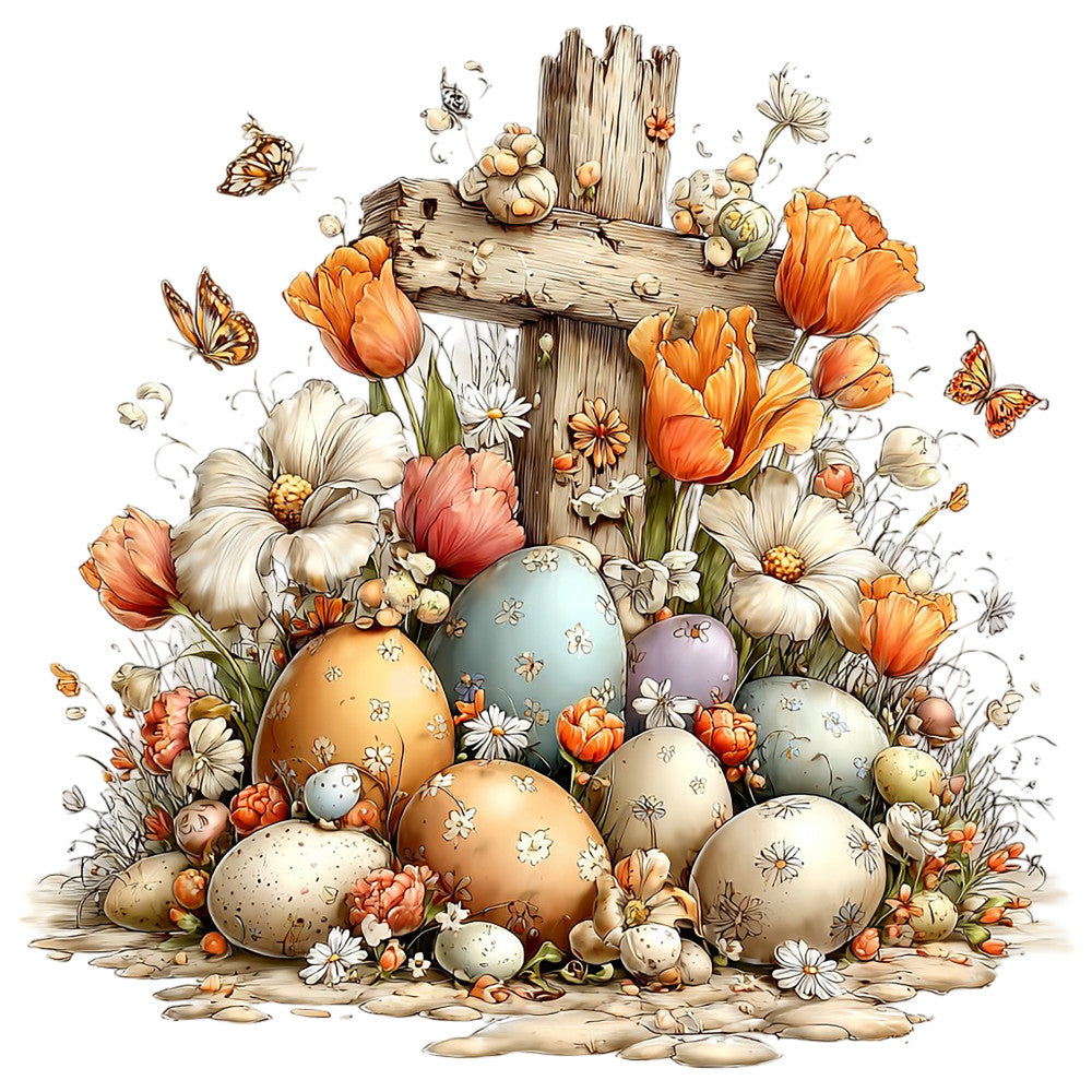 fabric panel, wooden cross, easter eggs, spring flowers, orange tulips, white daisies, butterflies, rustic wood, floral arrangement, pastel colors, beige tones, orange hues, quilting cotton, decorative eggs, speckled pattern, nature scene, spring theme, botanical design, cross motif, cottage core