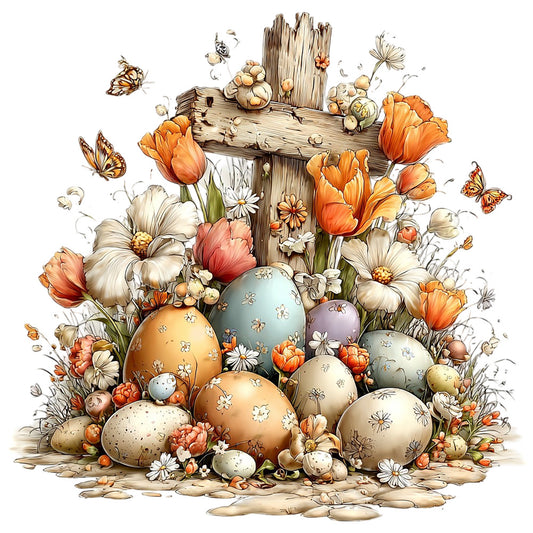fabric panel, wooden cross, easter eggs, spring flowers, orange tulips, white daisies, butterflies, rustic wood, floral arrangement, pastel colors, beige tones, orange hues, quilting cotton, decorative eggs, speckled pattern, nature scene, spring theme, botanical design, cross motif, cottage core