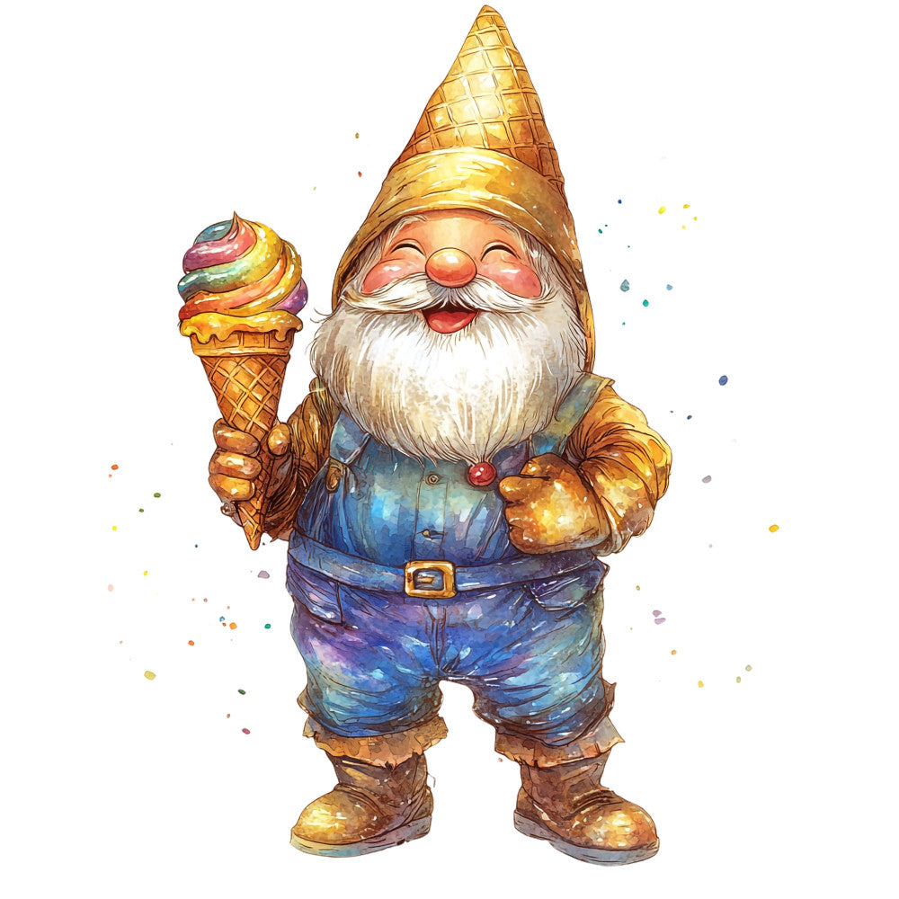gnome, ice cream cone, whimsical, fantasy, magical, gold, blue, purple, rainbow, colorful, sparkle, glitter, vintage, garden gnome, children's, playful, summer, sweet treats, dessert, cheerful, bright, illustrated, watercolor, storybook, fun, character panel, novelty, enchanted, pastel, metallic accents