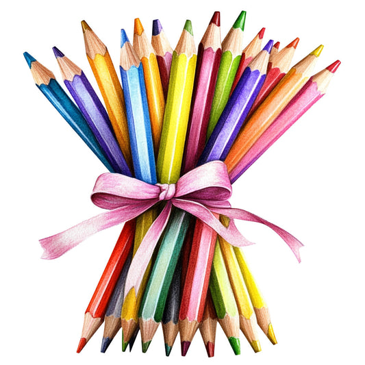 colored pencils, art supplies, rainbow colors, pink ribbon, bow tie, creative tools, artist theme, bright colors, yellow, blue, purple, green, orange, red, pink, fabric panel, quilting cotton, craft theme, school supplies, drawing pencils, watercolor style, artistic design