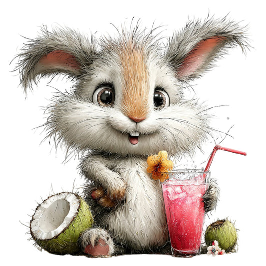 cute cat, fluffy kitten, whimsical animals, tropical drink, coconut, pink beverage, coral pink, cream white, warm brown, tan, gray, orange ears, playful expression, cheerful character, children's illustration, summer vibes, tropical theme, nature elements, whimsical style, kawaii, adorable, fun print, decorative panel, baby quilt, nursery decor, kids fabric, charming design, storybook illustration