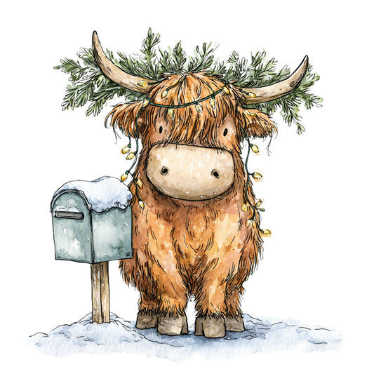 Vintage Christmas Highland Cows Fabric Panel 18