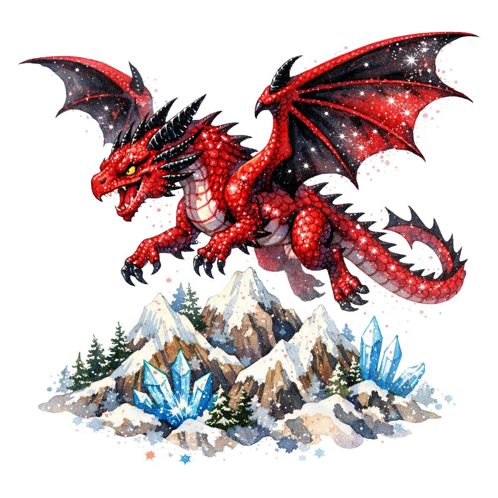 red dragon, cosmic dragon, starry dragon, fantasy dragon, celestial dragon, snow-capped mountains, crystal formations, blue crystals, whimsical, magical, winter, christmas, dark red, crimson red, black, deep space, stars, sparkles, mystical, dragon fantasy, enchanted landscape, holiday themed, winter landscape, brave adventure, powerful creature, jewel tones, dark navy, snowy peaks