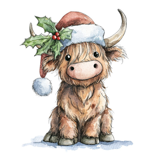 Vintage Christmas Highland Cows Fabric Panel 14