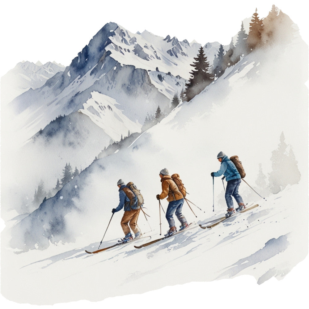 watercolor painting, ski scene, mountain landscape, winter sports, snow-covered peaks, skiers, backpacks, skiing poles, blue tones, gray mountains, white snow, evergreen trees, misty atmosphere, outdoor adventure, alpine setting, fabric panel, quilting cotton, winter theme, recreational skiing, mountain backdrop