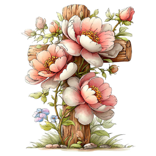 coral flowers, peach blooms, wooden cross, rustic wood, green leaves, floral vines, watercolor style, religious motif, fabric panel, quilting cotton, botanical design, pink petals, yellow stamens, climbing roses, devotional theme, soft pastels, vintage illustration, christian symbolism, garden flowers, textile art