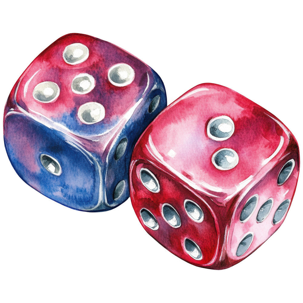 watercolor, dice, gaming, red, blue, pink, purple, translucent, casino, gambling, fabric panel, quilting cotton, realistic illustration, shiny surface, entertainment theme, game night, luck, chance, spotted dice, vibrant colors
