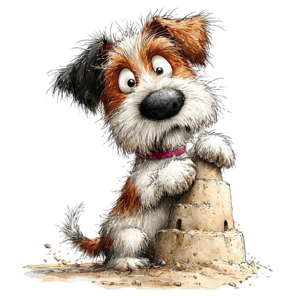 dog, puppy, cute animals, whimsical, children's, cartoon, brown and white, cream, tan, sandy, rust, terracotta, black nose, playful, sandy beach, sandcastle, building, beach themed, animal characters, kid's fabric, playful design, expressive eyes, character print, illustration style, adorable, fun, cheerful, summer, beach scene