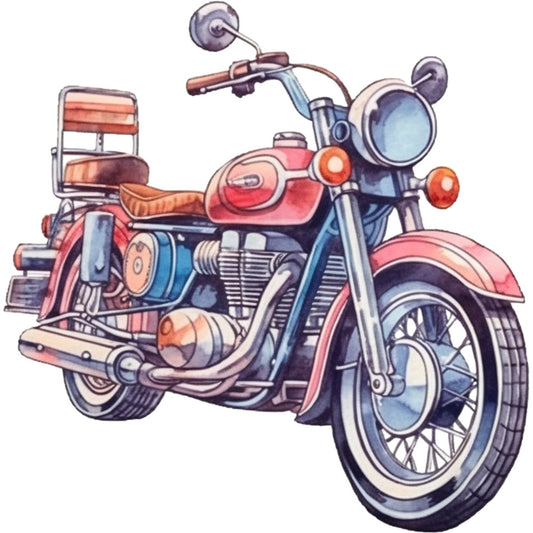 motorcycle, vintage bike, red, coral, blue, chrome, orange accents, detailed illustration, mechanical design, retro style, fabric panel, quilting cotton, transportation theme, engine details, spoked wheels, handlebars, exhaust pipes, realistic artwork, automotive print, craft material