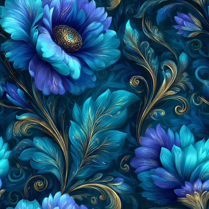 Gilded Sapphire Blooms Pattern 1 Minky Fabric