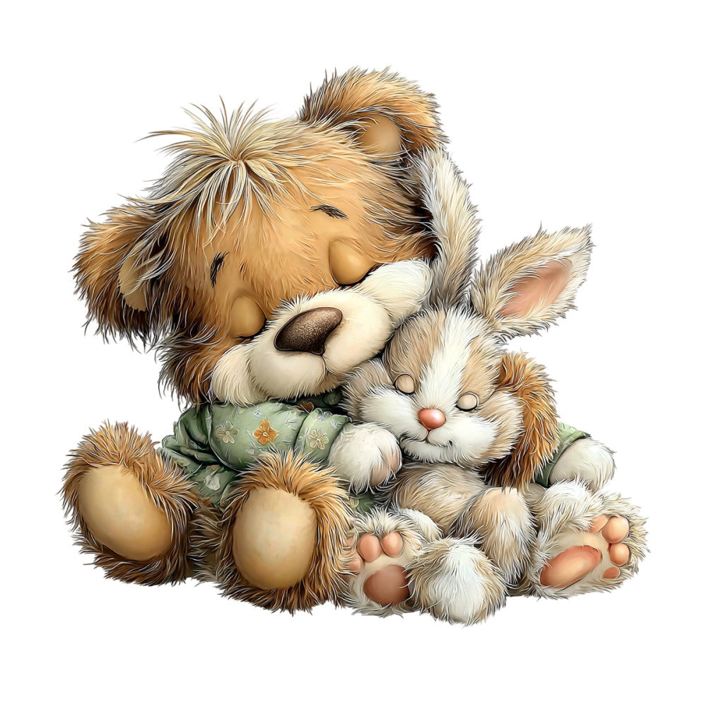 cute animals, lion, bunny, rabbit, woodland creatures, safari, friendship, hugging, adorable, brown, tan, cream, white, sage green, soft colors, pastel, whimsical, playful, children's, nursery, baby, stuffed animal style, illustration, cartoon, storybook, tender, gentle, child-friendly, kids' quilt