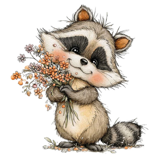 raccoon, woodland animals, cute animals, whimsical, nature, flowers, orange flowers, floral, animal illustration, children's, baby, cream, tan, beige, orange, brown, black, gray, rustic, charming, gentle, sweet, cottage core, forest, autumn, spring, baby quilt, nursery, wall hanging, kids fabric