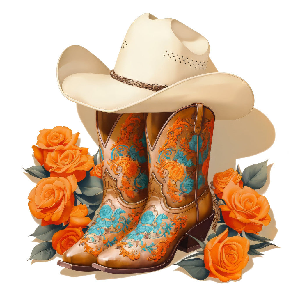 cowboy boots, western, cream, orange, turquoise, tan, brown, floral, roses, boots and flowers, country, rustic, vintage western, southwestern, decorative boots, ornate, embroidered, cowgirl, rodeo, texas, folk art, botanical, traditional, cottage core, farmhouse, summer, decorative fashion, western wear, boots with flowers