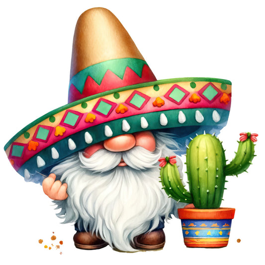 mexican gnome, sombrero, cactus, white beard, colorful hat, geometric patterns, turquoise, pink, orange, green, fabric panel, quilting cotton, festive design, southwestern theme, potted cactus, decorative elements, bright colors, whimsical character, desert motif, crafting fabric