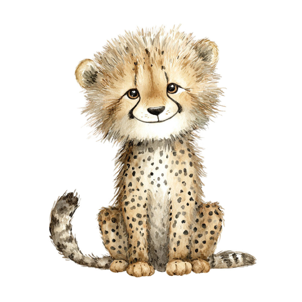 cheetah, cute animals, wildlife, baby animals, tan, beige, cream, brown, spotted, spots, dots, children's, kids, nursery, whimsical, playful, safari, african animals, gentle, soft, watercolor, illustration, smiling, friendly, nature, animal illustration, baby quilt, wall hanging, children's decor, young child