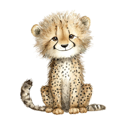 cheetah, cute animals, wildlife, baby animals, tan, beige, cream, brown, spotted, spots, dots, children's, kids, nursery, whimsical, playful, safari, african animals, gentle, soft, watercolor, illustration, smiling, friendly, nature, animal illustration, baby quilt, wall hanging, children's decor, young child
