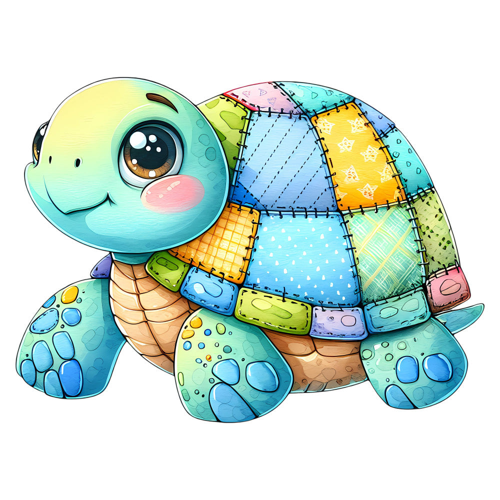 turquoise, aqua blue, yellow, orange, pink, lime green, purple, pastel colors, cute turtle, animal theme, whimsical, colorful patchwork, quilted design, stitched pattern, geometric squares, polka dots, stripes, stars, playful, children's fabric, baby animals, nursery theme, kids quilt, appliqué style, multi-colored, bright and cheerful, spring, summer, decorative panels