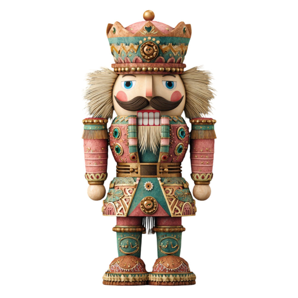 nutcracker, holiday, christmas, vintage, whimsical, traditional, soldier, toy soldier, dusty rose, teal, gold, cream, ornate, decorative, beaded detail, embellished, festive, winter, seasonal, character, folk art, nostalgic, retro, colorful, multi-color, wall hanging, home decor, novelty print, european design