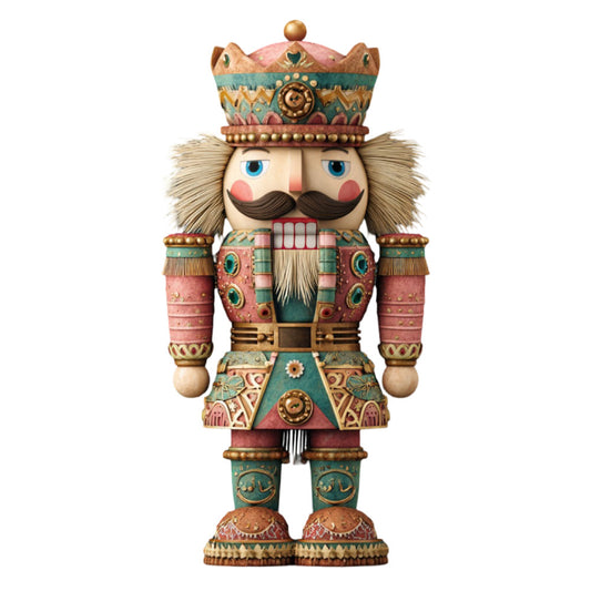 nutcracker, holiday, christmas, vintage, whimsical, traditional, soldier, toy soldier, dusty rose, teal, gold, cream, ornate, decorative, beaded detail, embellished, festive, winter, seasonal, character, folk art, nostalgic, retro, colorful, multi-color, wall hanging, home decor, novelty print, european design