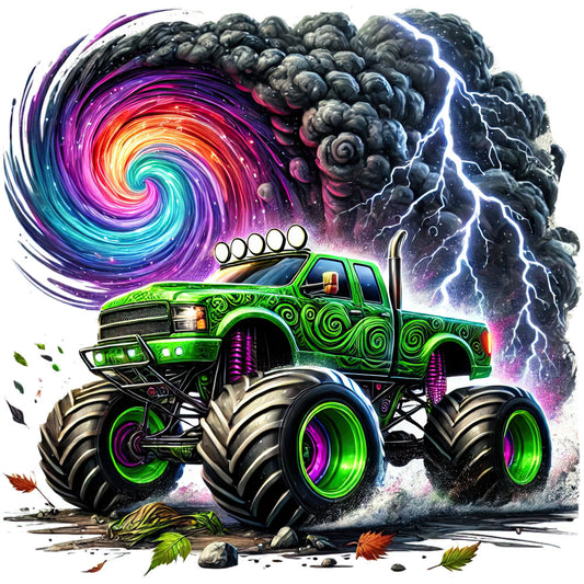 neon green, lime green, purple, magenta, cyan blue, electric blue, bright yellow, orange, black, dark gray, vibrant multi-color, monster truck, truck, vehicle, neon glow, lightning bolt, storm clouds, thunderstorm, celestial, space, swirl pattern, abstract, whimsical, bold, edgy, modern, graphic, action-packed, adventure theme, boy fabric
