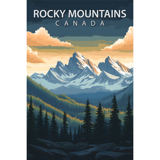 fabric panel, rocky mountains, canada, travel poster, vintage poster style, mountain landscape, snow-capped peaks, evergreen trees, coniferous forest, dramatic sky, orange clouds, peach sunset, teal blue, forest green, navy blue, scenic vista, nature scene, outdoor adventure, wilderness, quilting cotton