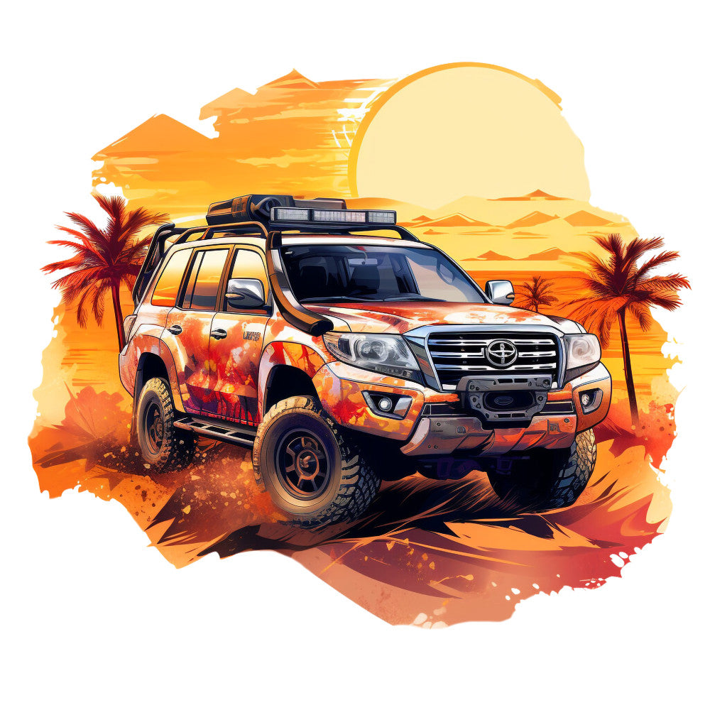 orange, yellow, sunset, palm trees, toyota truck, off-road vehicle, desert scene, tropical, adventure, automotive, fabric panel, warm colors, landscape, suv, safari, golden hour, sandy terrain, rugged wheels, roof rack, brushed art style