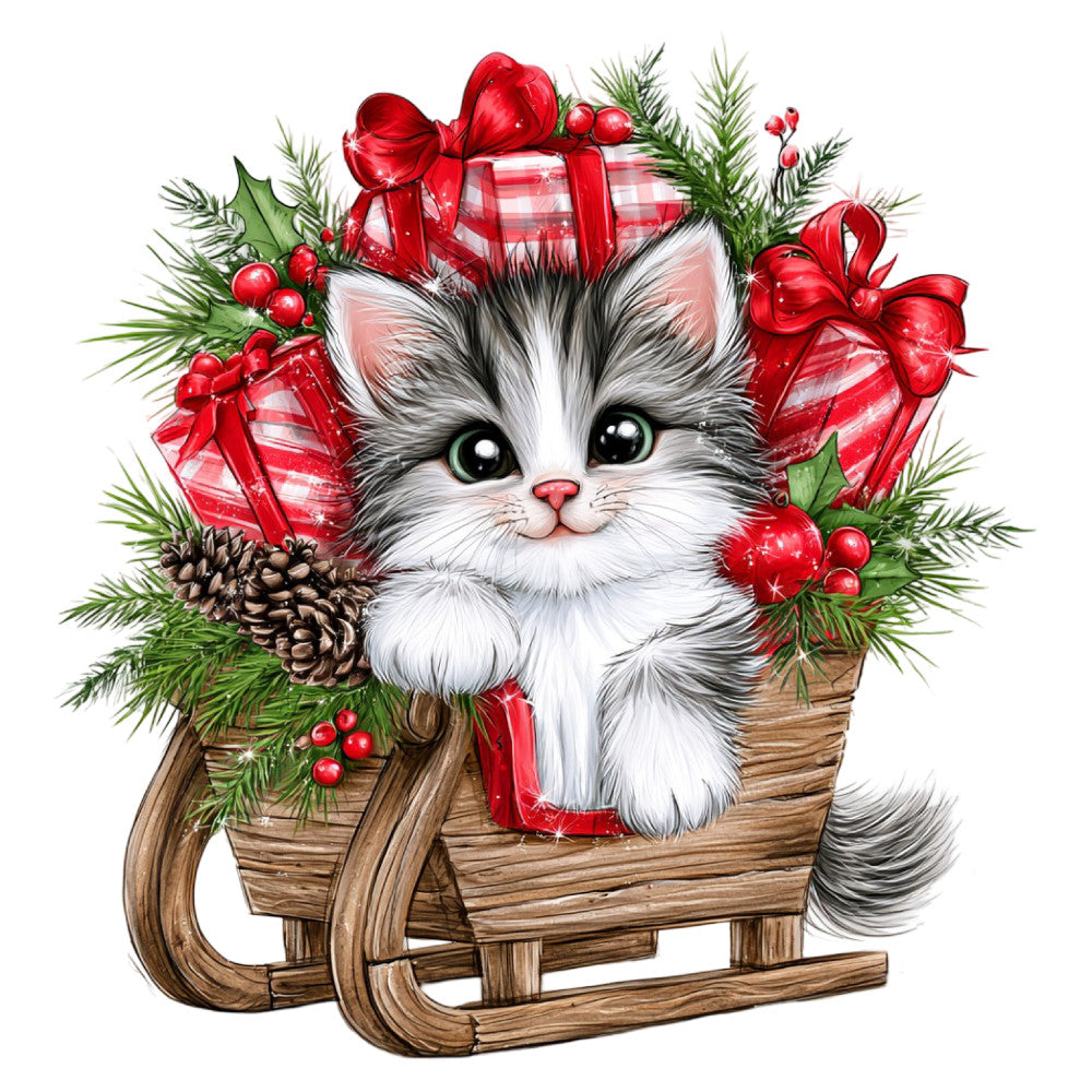 kitten, cat, holiday, christmas, festive, winter, red, white, gray, grey, evergreen, pine, forest green, plaid, checkered, ribbon bows, berries, pinecones, sleigh, rustic, whimsical, cute, charming, vintage, traditional, festive animals, christmas animals, decorative, table runner, wall hanging